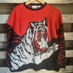 Vintage Venezia Tiger AOP Front Back Sweater Red Black OSFM XL/2XL